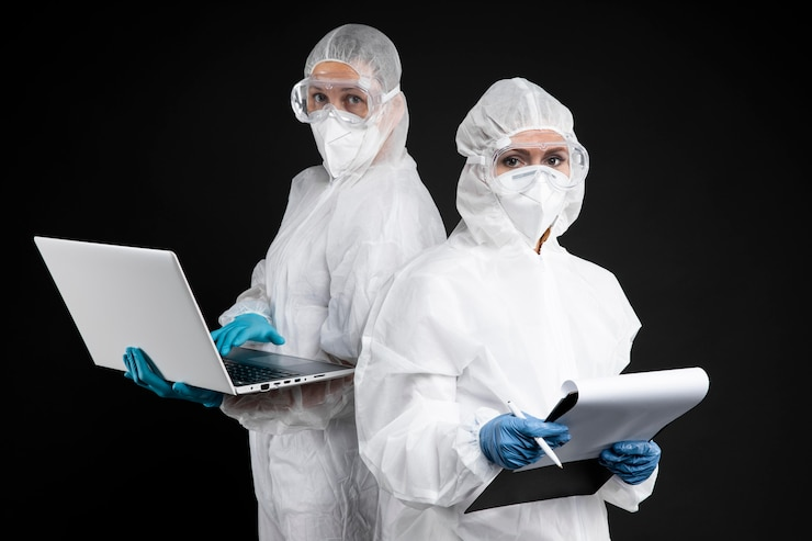 Two forensic experts analyze audio data on a laptop while taking notes in a notebook.