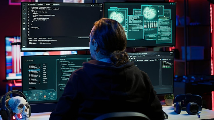A person seated at a desk working across four different computer monitors displaying forensic software.